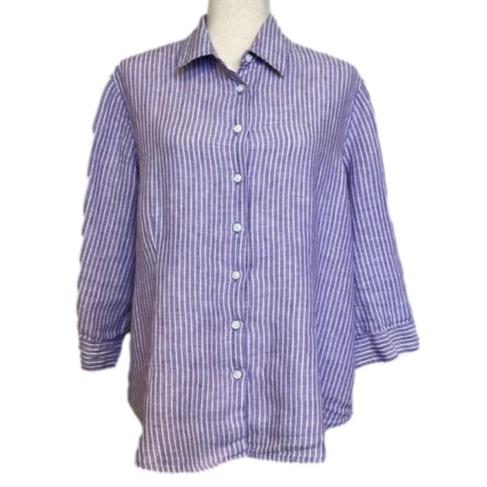 Coldwater Creek 100% Linen Button Down Lavender and White‎ Striped Size …